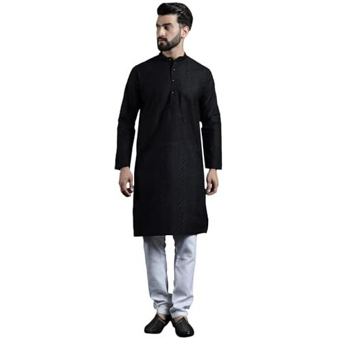 Sojanya (Since 1958 Men's Cotton Thread Embroidered Black Kurta With White Churidaar Pyjama
