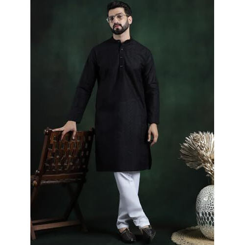 Sojanya (Since 1958 Men's Cotton Thread Embroidered Black Kurta With White Churidaar Pyjama