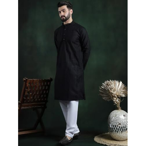Sojanya (Since 1958 Men's Cotton Thread Embroidered Black Kurta With White Churidaar Pyjama