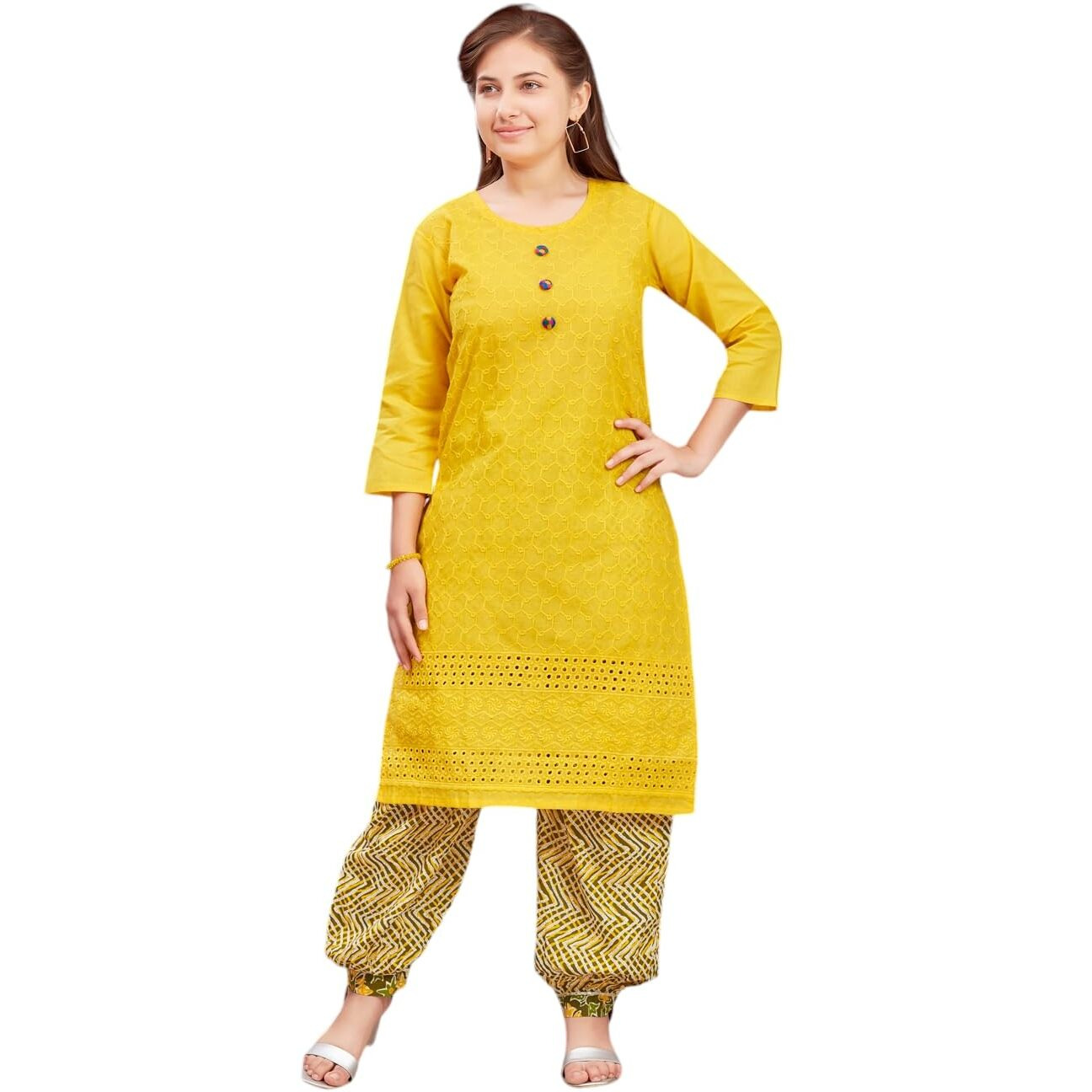 Aarika Girls Casual Wear Yellow Colour Embroidery Cotton Kurti (7-15 Years)