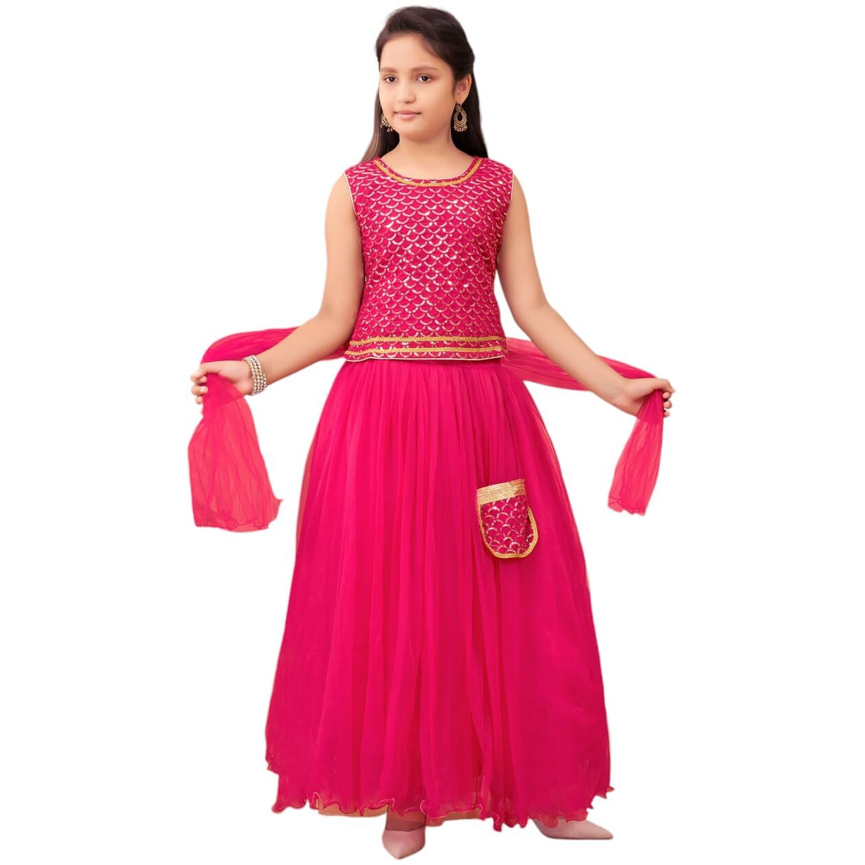 Aarika Girls Ethnic Wear Rani Colour Sequin Embroidery Georgette Lehenga Choli Set Attached Bag (4-10 Years)