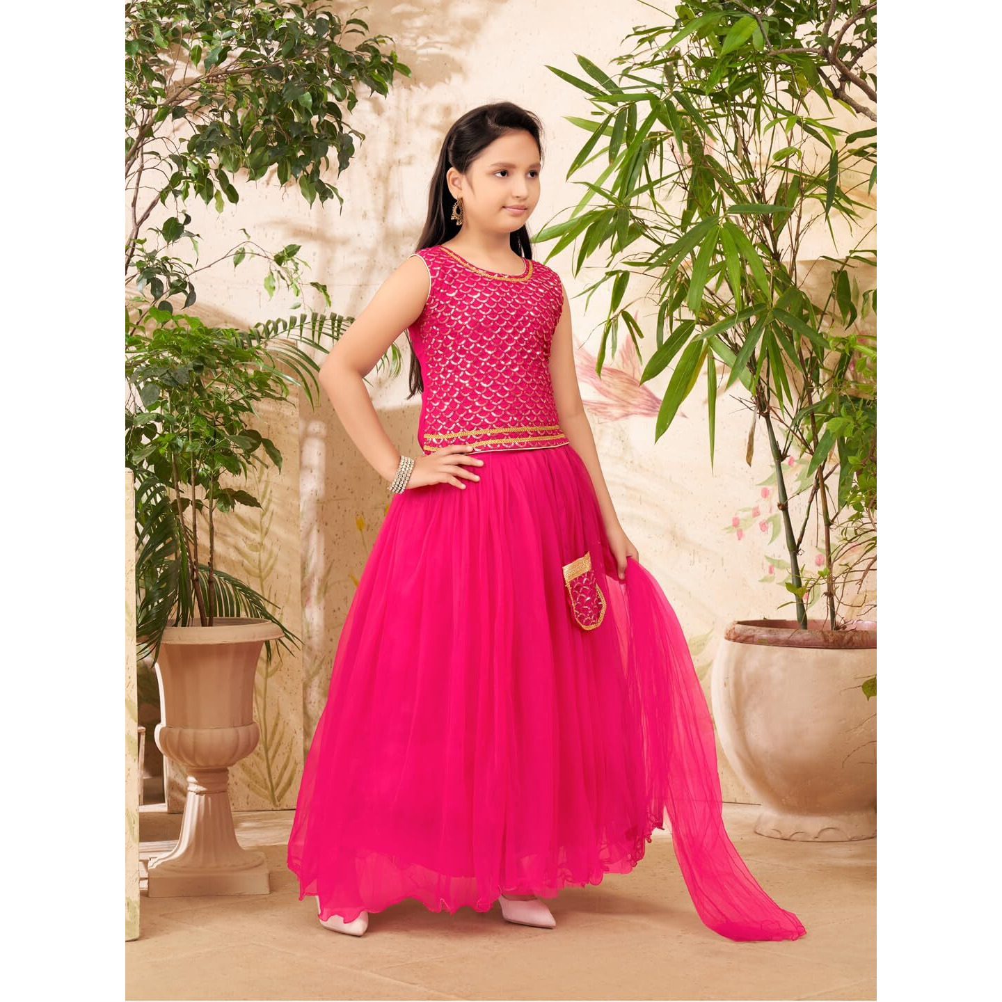 Aarika Girls Ethnic Wear Rani Colour Sequin Embroidery Georgette Lehenga Choli Set Attached Bag (4-10 Years)