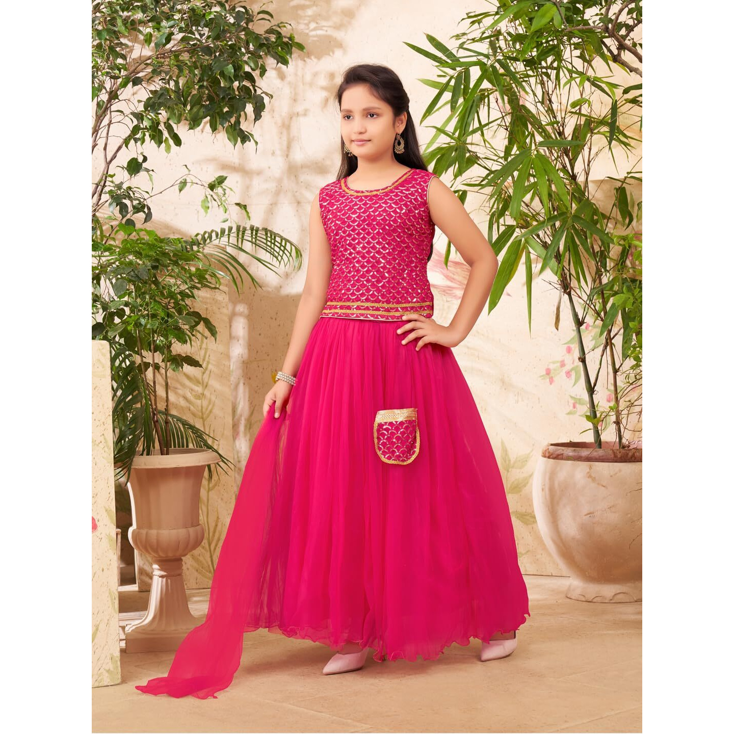 Aarika Girls Ethnic Wear Rani Colour Sequin Embroidery Georgette Lehenga Choli Set Attached Bag (4-10 Years)