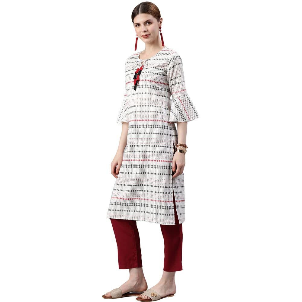 Anubhutee Women's Cotton White Stripes Printed Straight Kurta