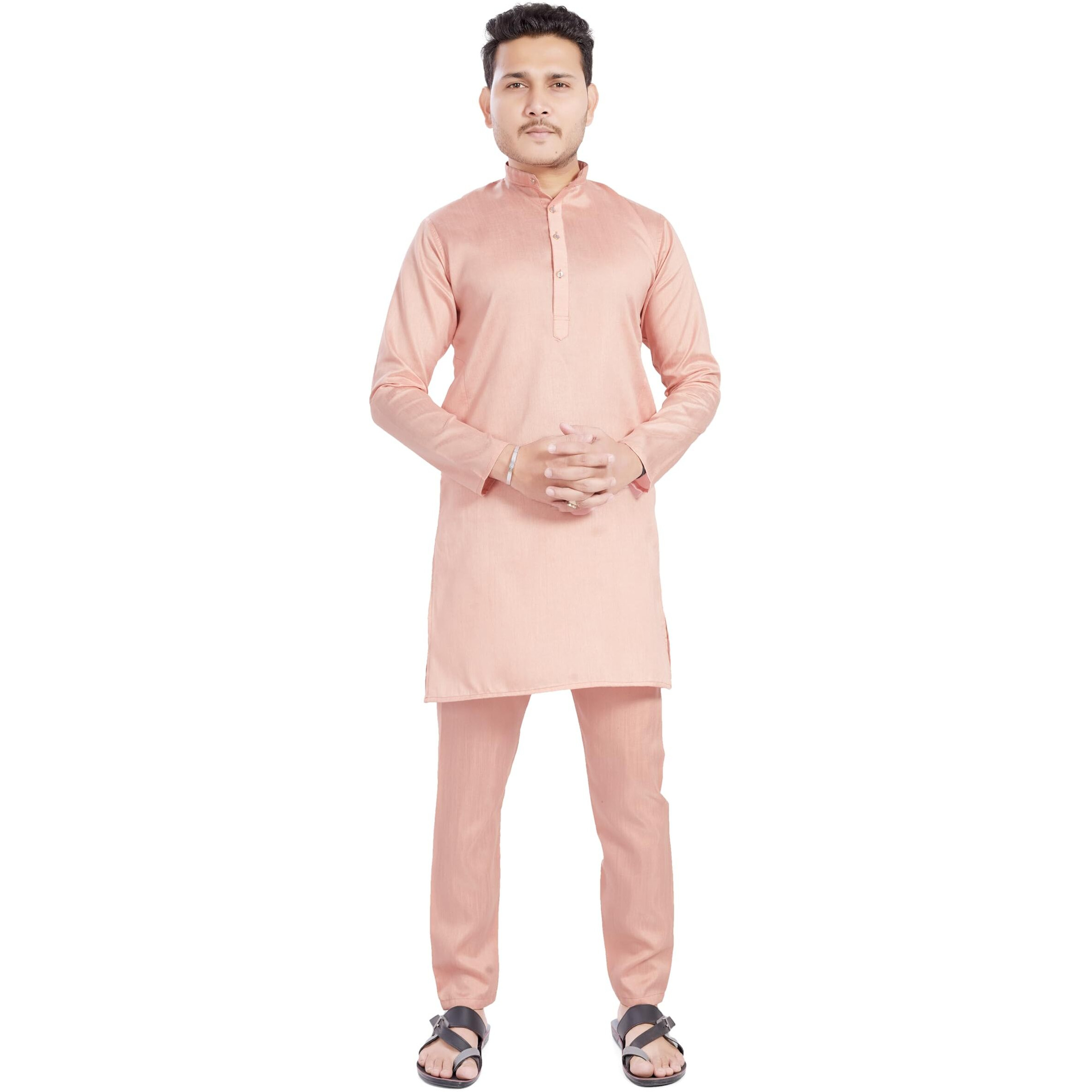 Divisive Men's Plain Dupion Silk Blend Slim Fit Kurta Pyjama Set (Dkrt934_M_Peach)