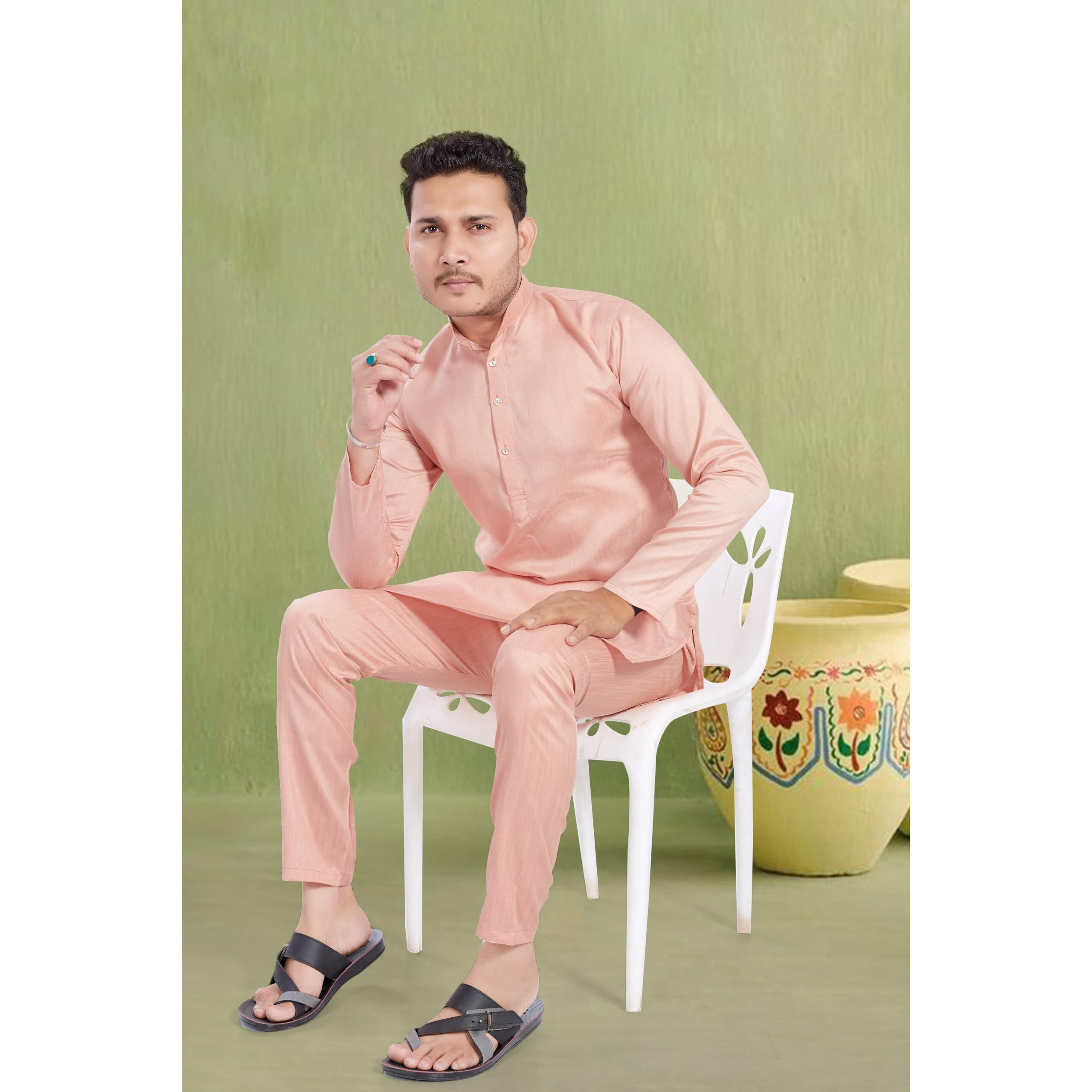 Divisive Men's Plain Dupion Silk Blend Slim Fit Kurta Pyjama Set (Dkrt934_M_Peach)