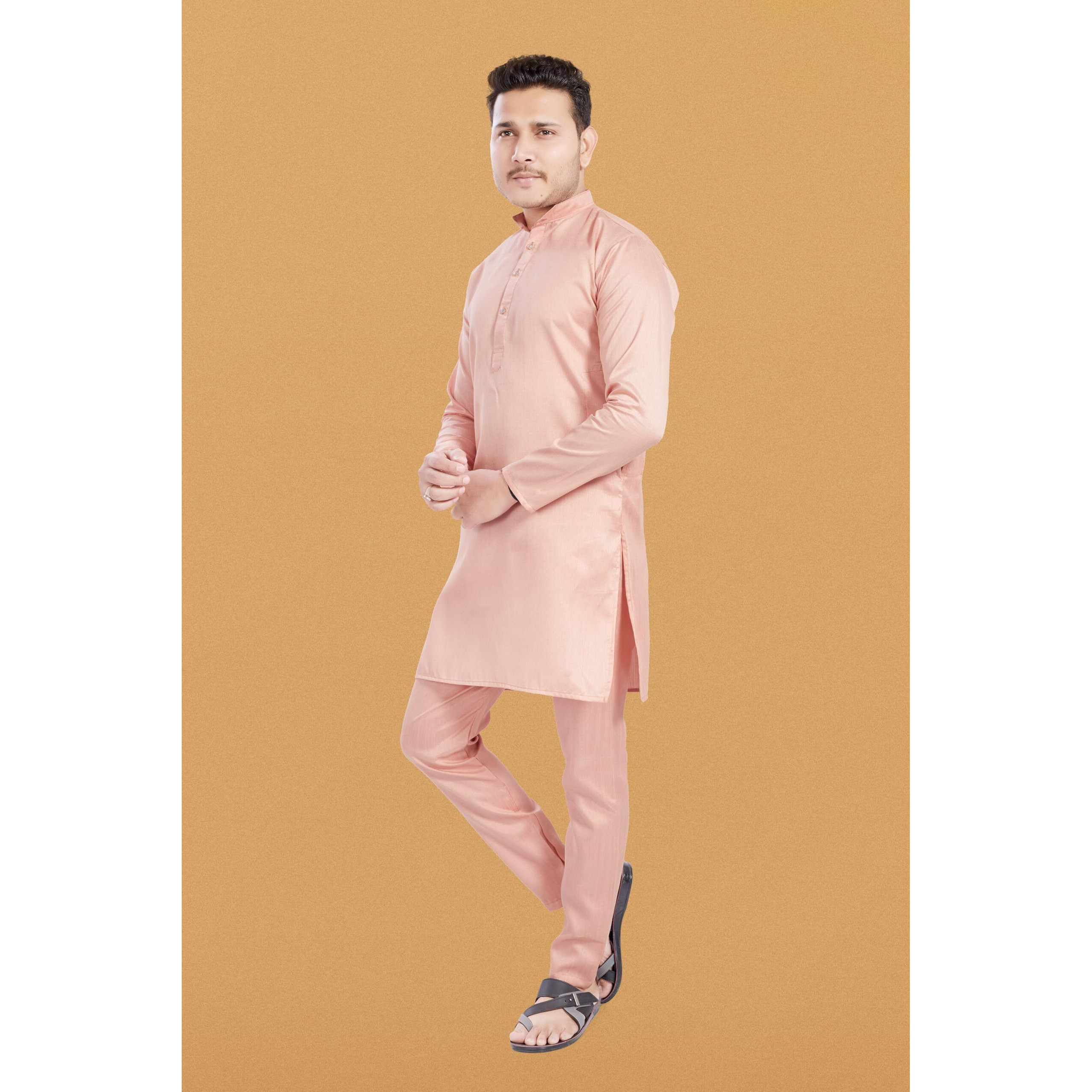Divisive Men's Plain Dupion Silk Blend Slim Fit Kurta Pyjama Set (Dkrt934_M_Peach)