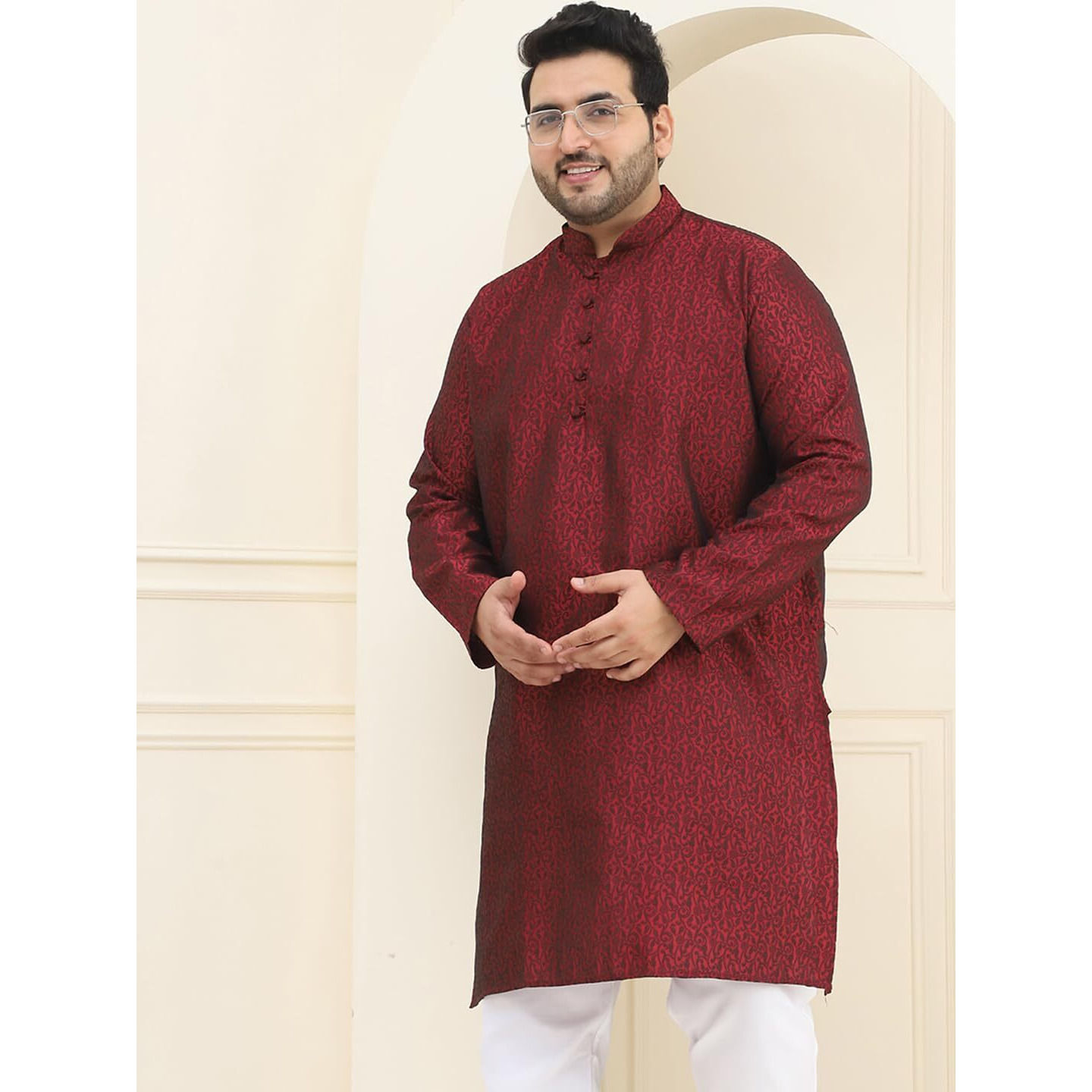 Sojanya Plus (Since 1958) Men's Silk Blend Maroon Self Design Only Long Kurta