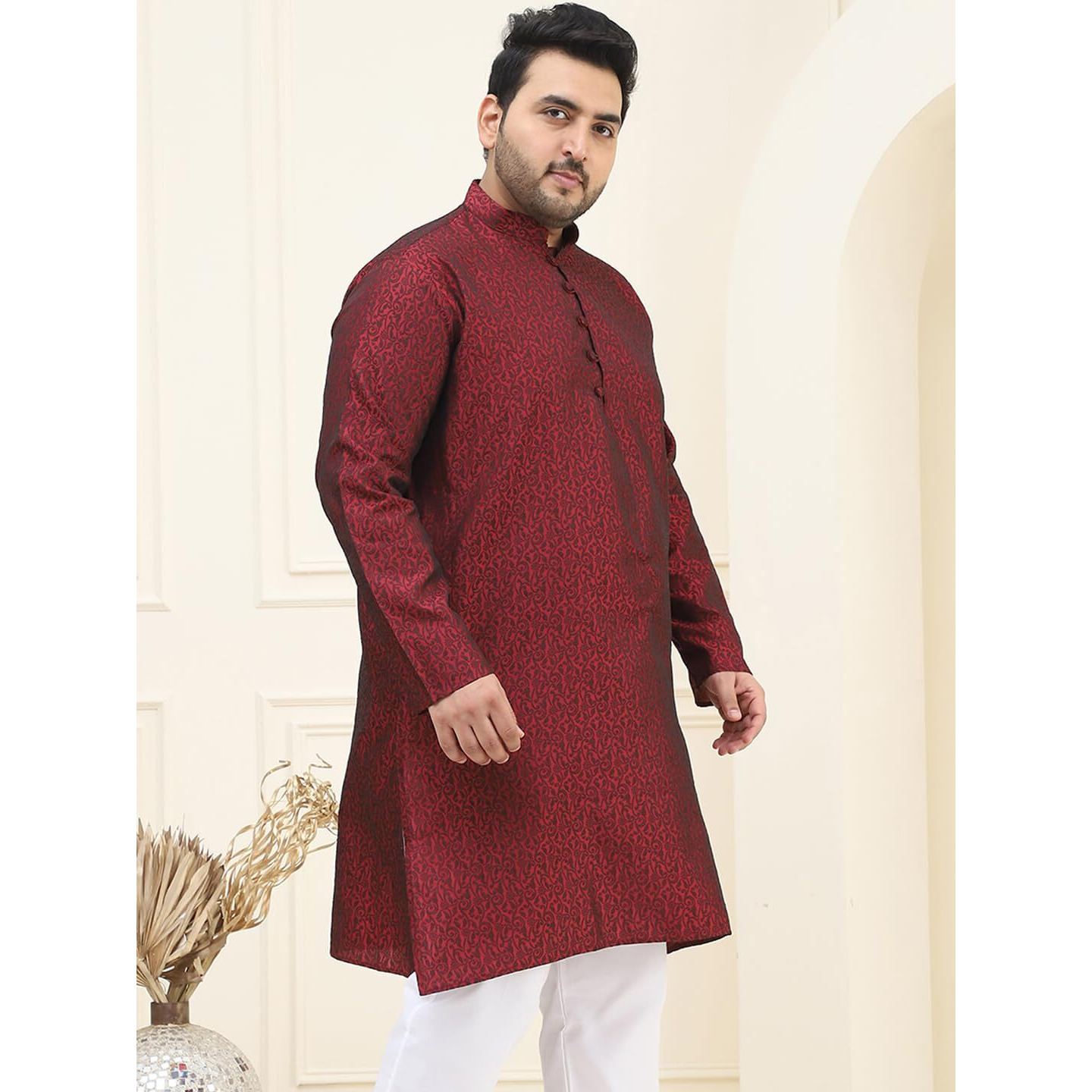 Sojanya Plus (Since 1958) Men's Silk Blend Maroon Self Design Only Long Kurta