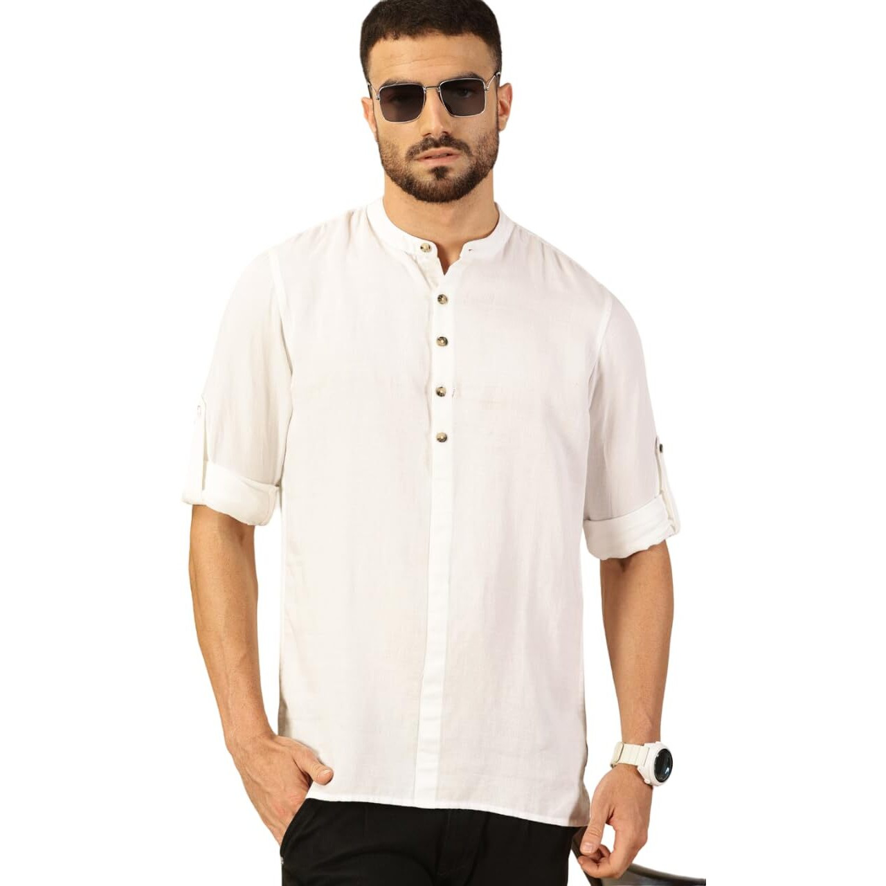Thomas Scott Mens Linen Solid Kurta Shirt (Ts1529_White_M)