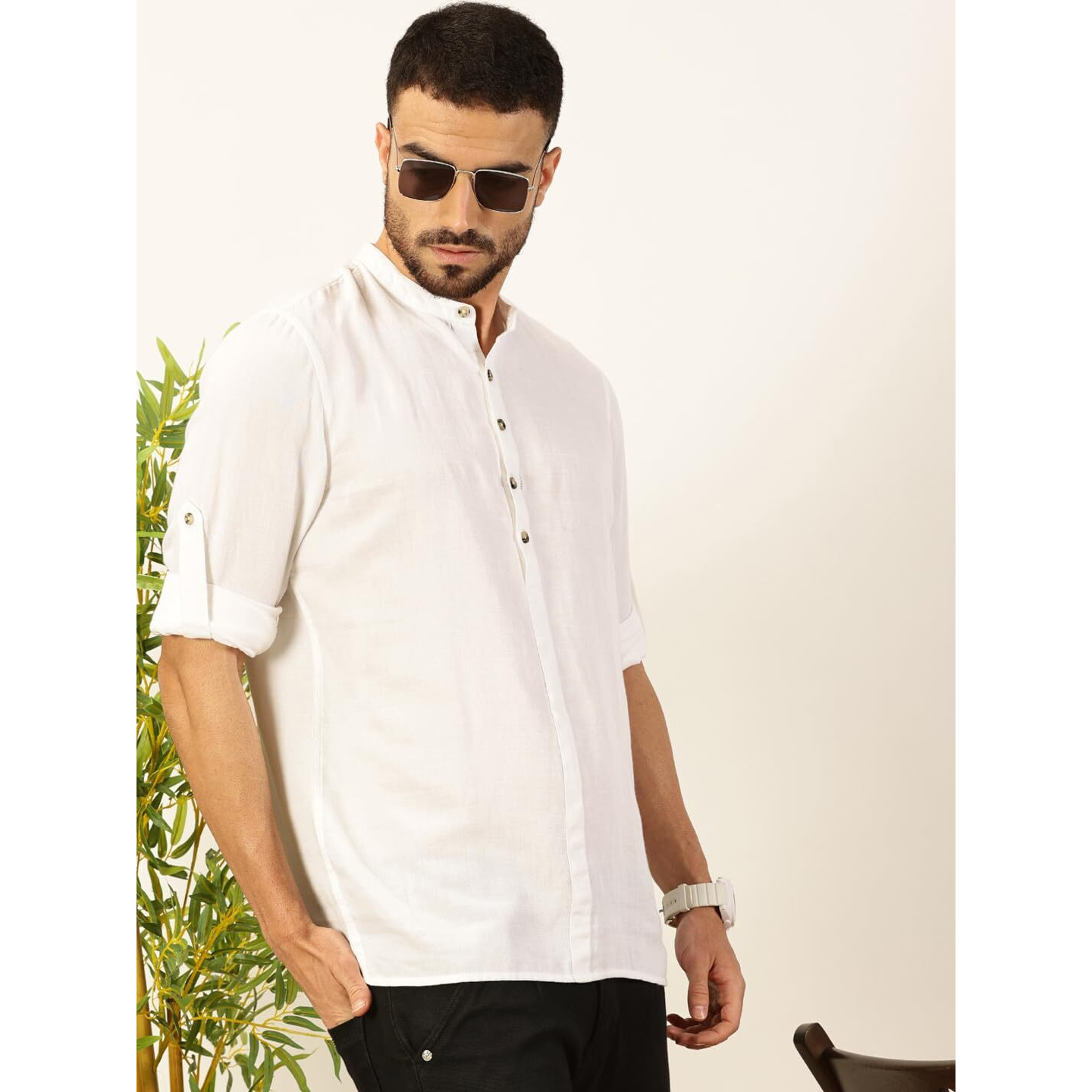 Thomas Scott Mens Linen Solid Kurta Shirt (Ts1529_White_M)