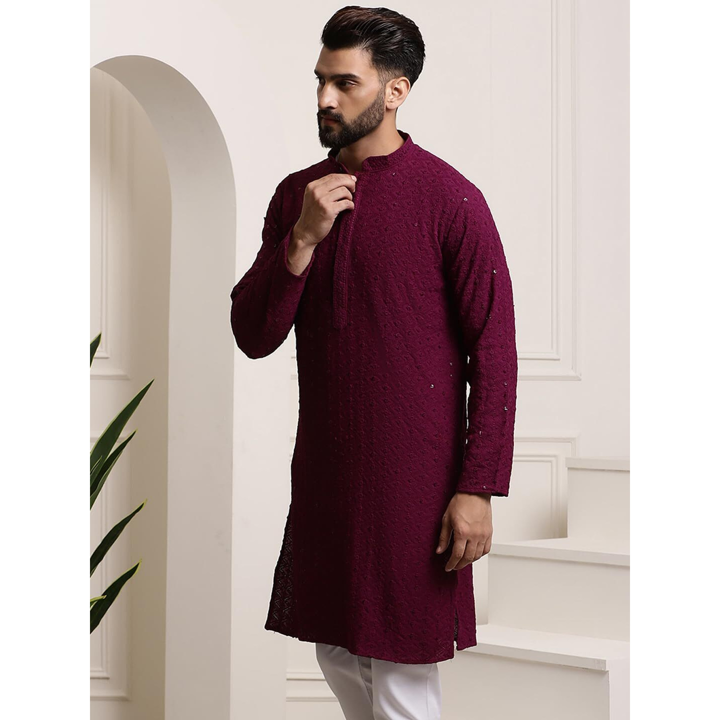 Sojanya (Since 1958 Men's Pure Cotton Purple Sequence Long Kurta