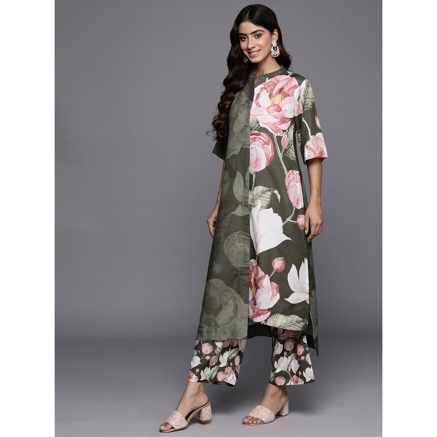 Varanga Women Olive Floral Printed Assymetric Straight Kurta Paired With Tonal Printed Bottom