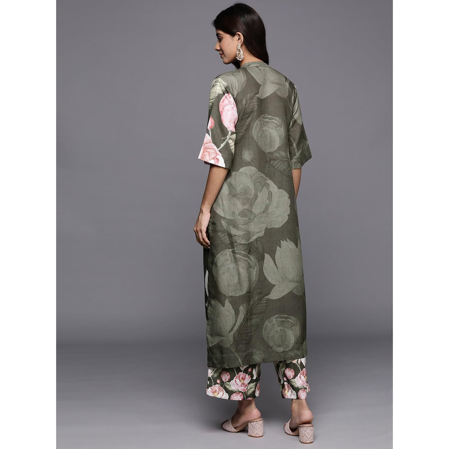 Varanga Women Olive Floral Printed Assymetric Straight Kurta Paired With Tonal Printed Bottom