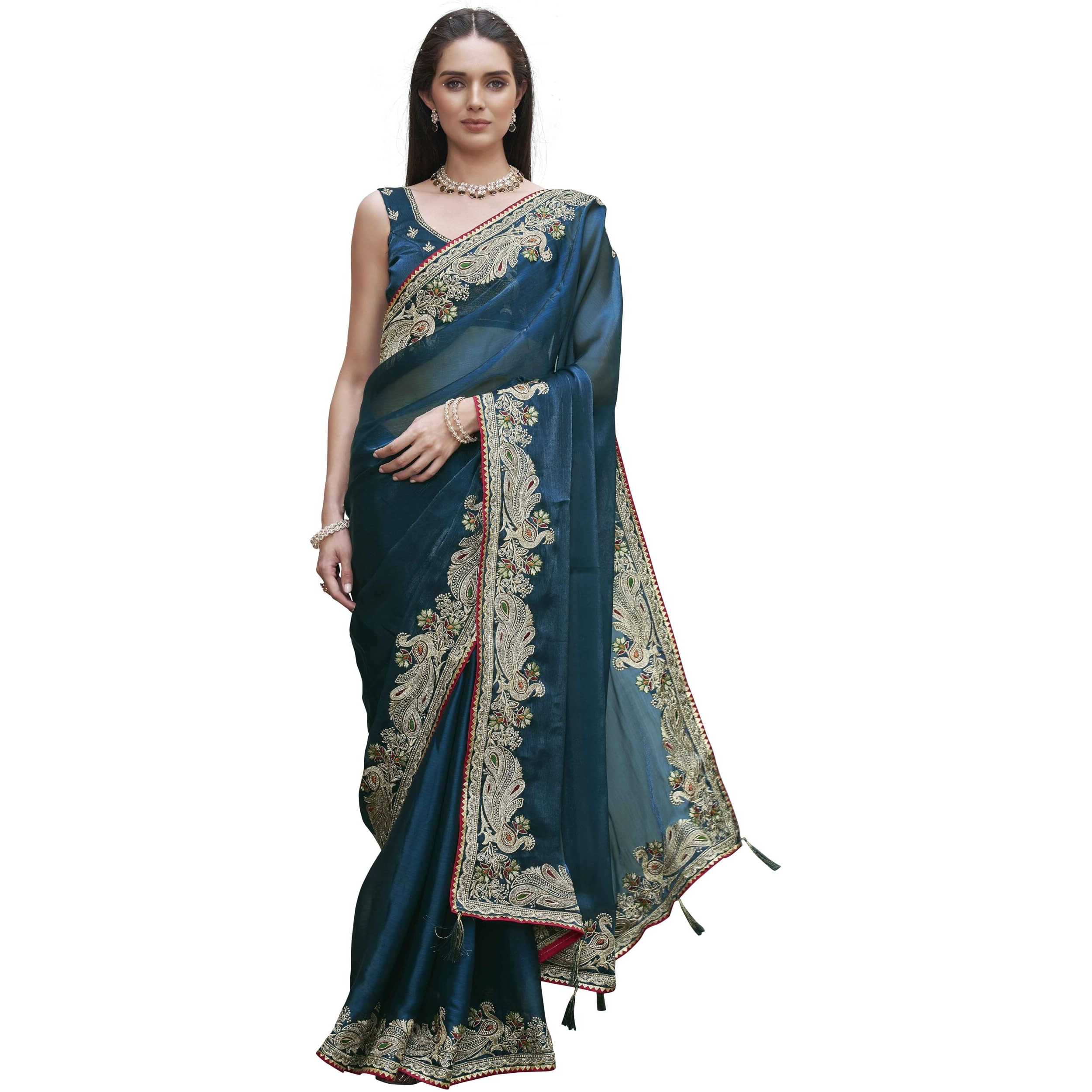 Womanista Women's Teal Colored Zari Embroidered Saree(Ti7006_Teal_Onesize)