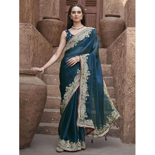 Womanista Women's Teal Colored Zari Embroidered Saree(Ti7006_Teal_Onesize)