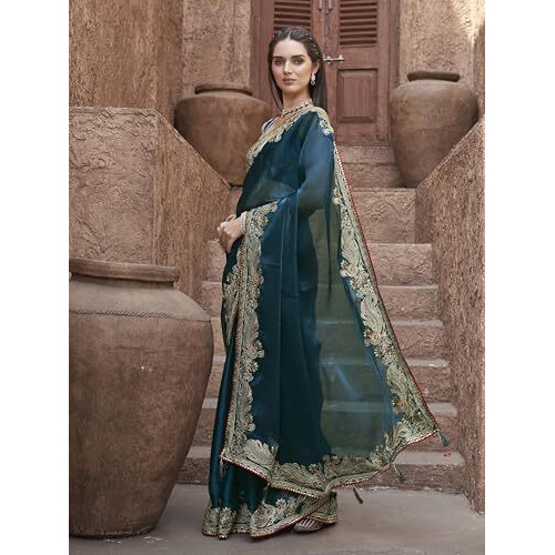 Womanista Women's Teal Colored Zari Embroidered Saree(Ti7006_Teal_Onesize)