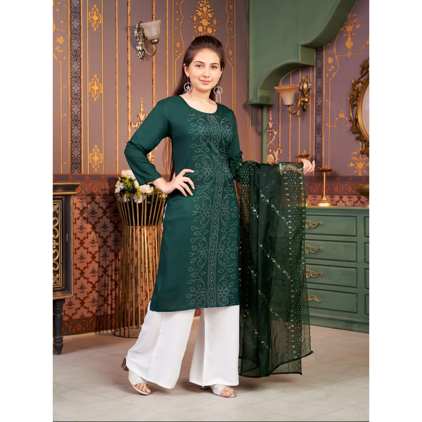 Aarika Girls Ethnic Wear Dark Green Colour Embellished Rayon Kurti-8-15 Years (Kurti-Tr-K-904)