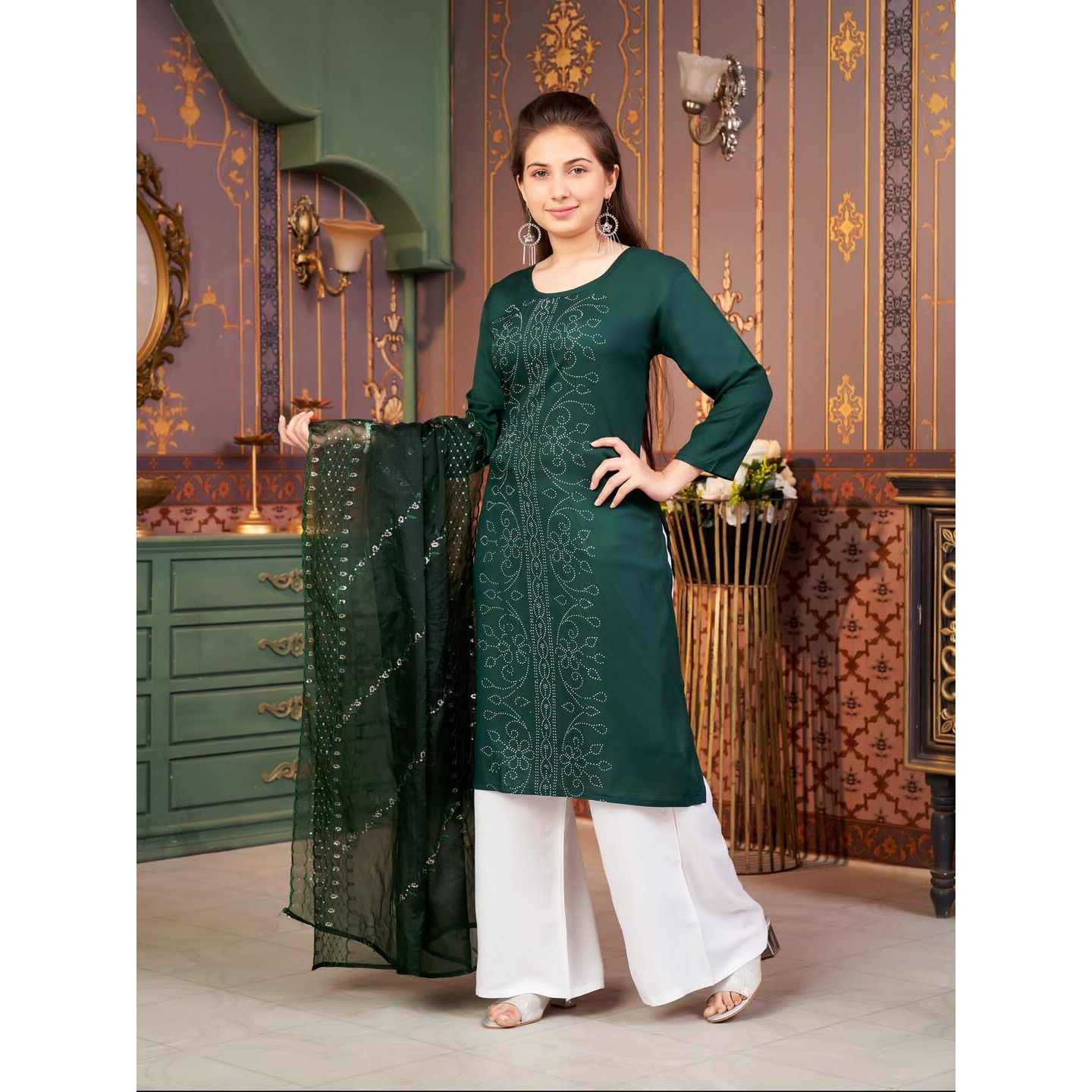 Aarika Girls Ethnic Wear Dark Green Colour Embellished Rayon Kurti-8-15 Years (Kurti-Tr-K-904)