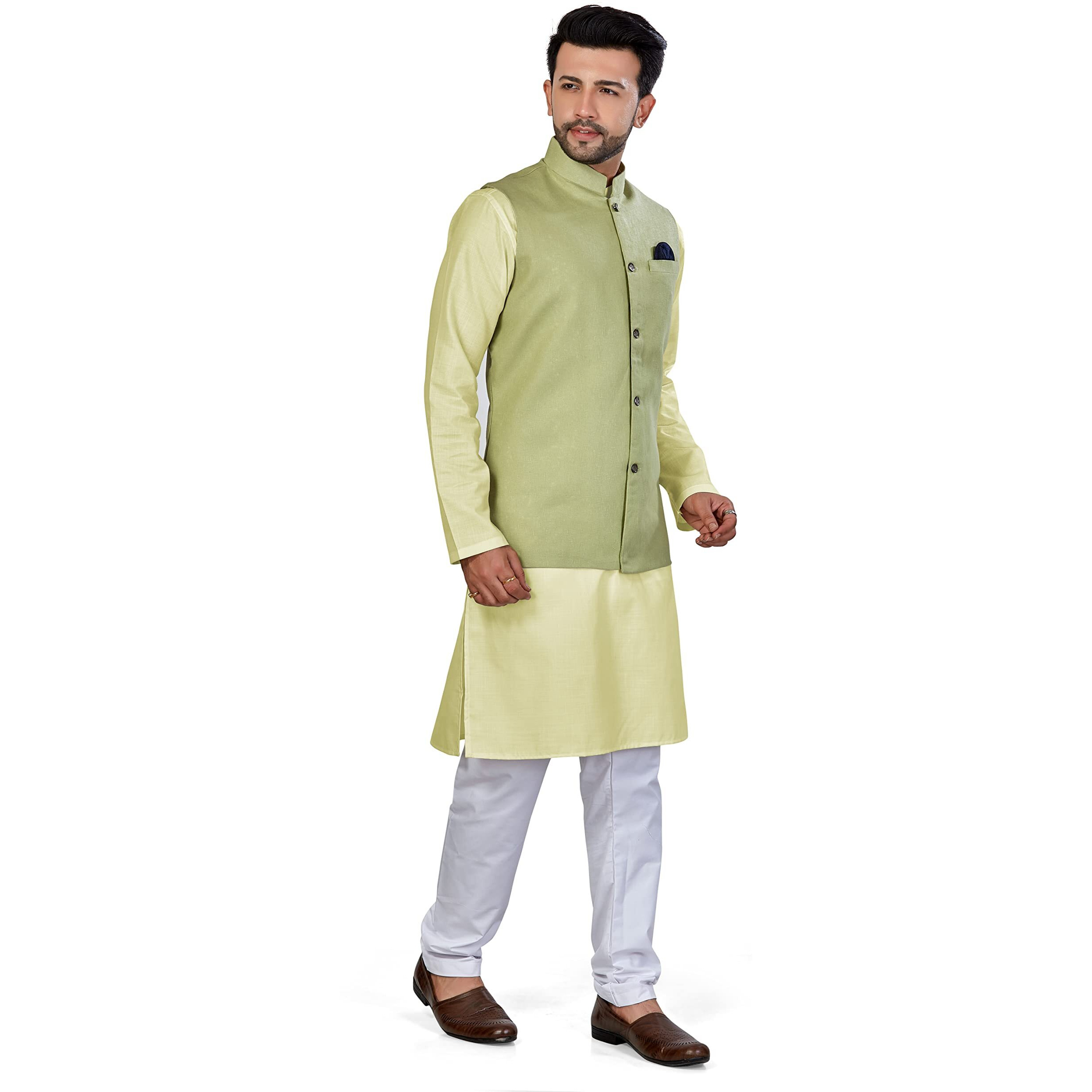 Be Active Men's Solid Linen Blend Kurta Pyjama 3 Piece Set || Men Kurta Pajama With Modi Jacket || Kurta Pajama Nehru Jacket For Men (Rfset0014-1-S)