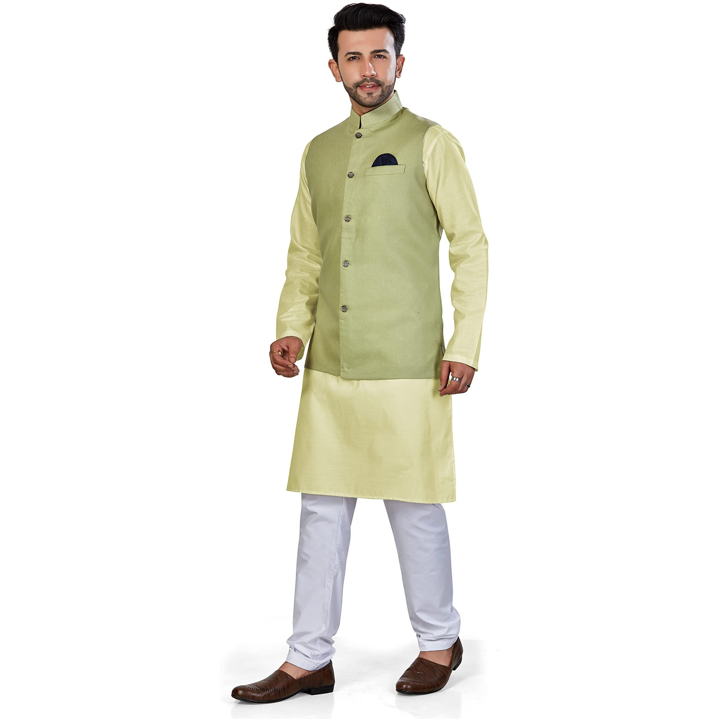 Be Active Men's Solid Linen Blend Kurta Pyjama 3 Piece Set || Men Kurta Pajama With Modi Jacket || Kurta Pajama Nehru Jacket For Men (Rfset0014-1-S)