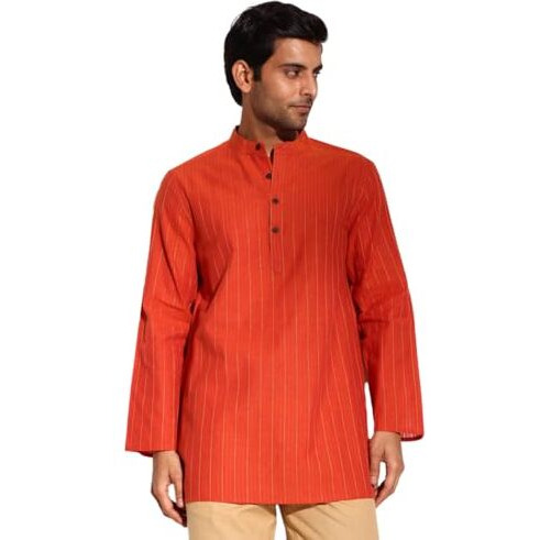 Fabindia Men's Cotton Blend Striped Regular Short Kurta (1038369Orange_Orange