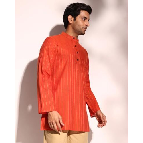 Fabindia Men's Cotton Blend Striped Regular Short Kurta (1038369Orange_Orange