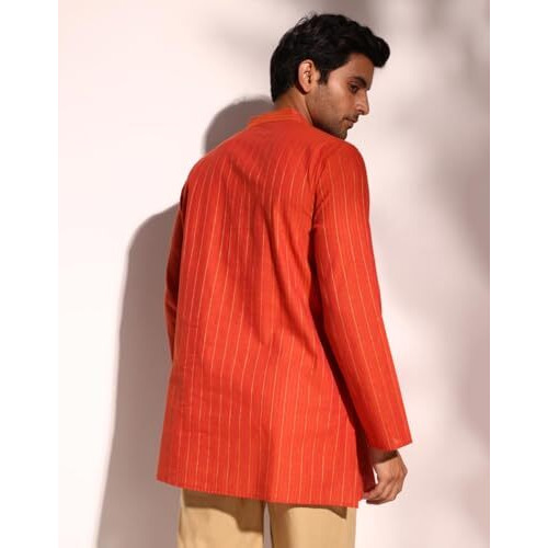 Fabindia Men's Cotton Blend Striped Regular Short Kurta (1038369Orange_Orange