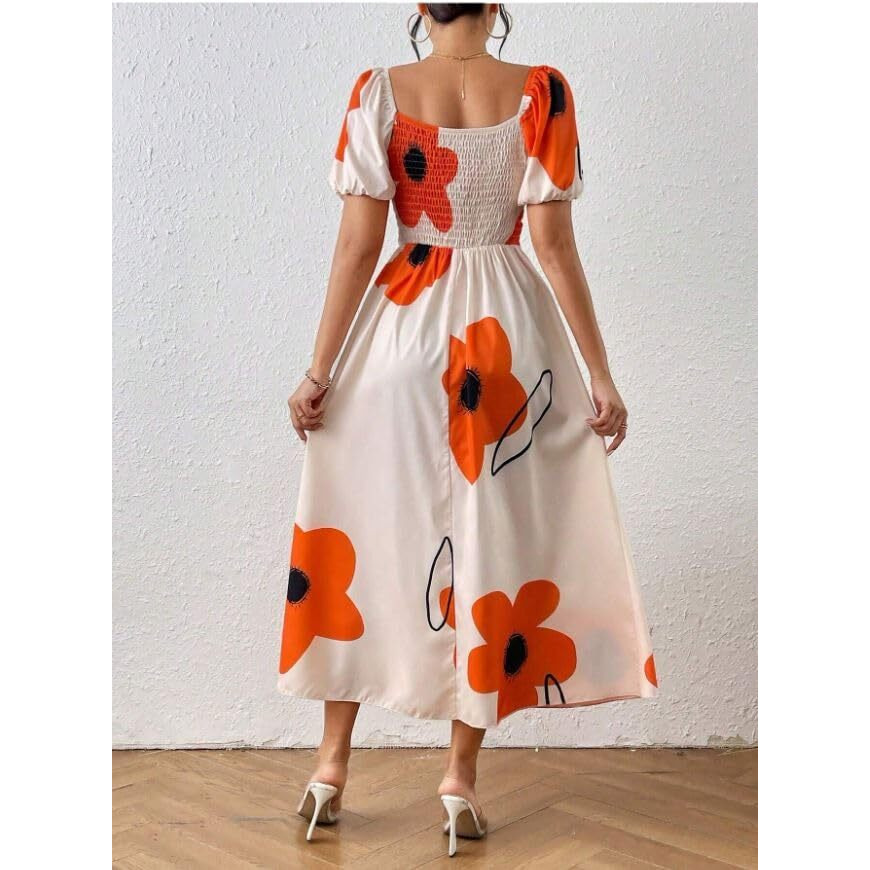 Greciilooks Viscose Rayon Western Mid-Calf Length Women Party Dress (Gl-Wd1281_Orange