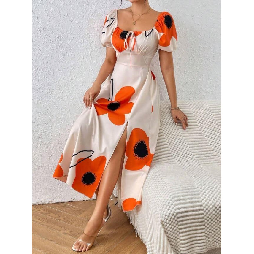 Greciilooks Viscose Rayon Western Mid-Calf Length Women Party Dress (Gl-Wd1281_Orange