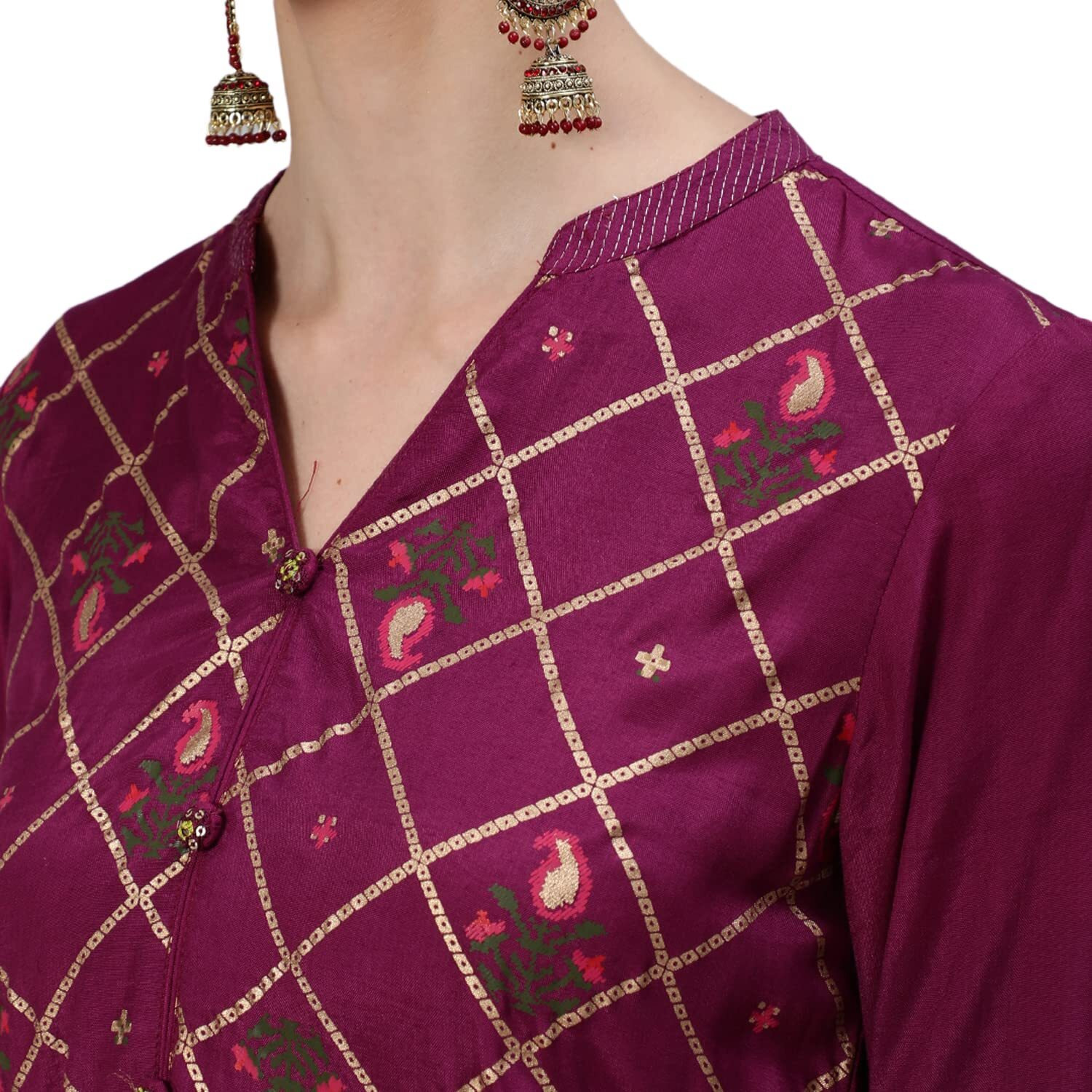 Ishin Women's Silk Blend Burgundy Foil Printed A-Line Kurta Set With Trouser And Dupatta