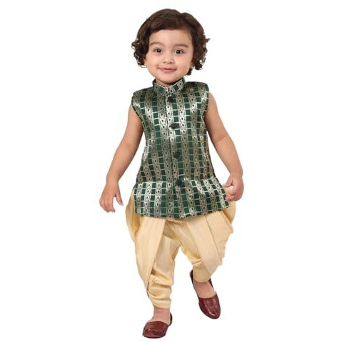 Jbn Creation Infant Boys Green And Gold Silk Blend Kurta And Dhoti Set