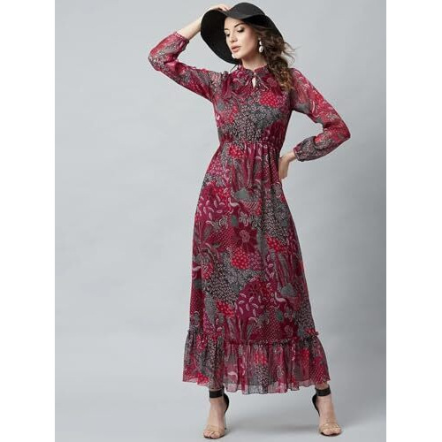 Litzo Women's Chiffon A-Line Maxi Dress (L-65-L_Pink