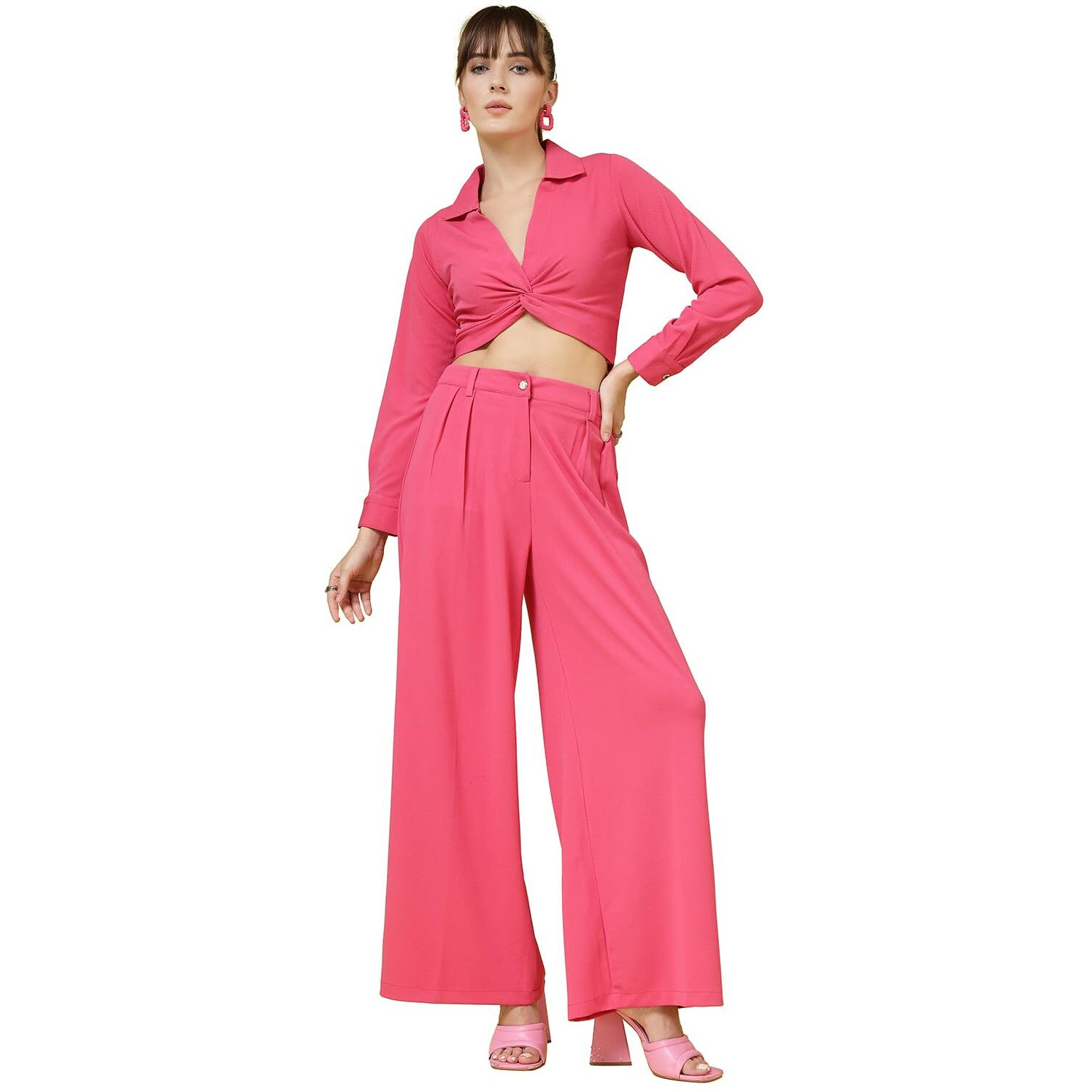 Oomph Women's Stretchable Lycra Top And Trouser Pant Set |Two Piece Co-Ord Set | Wester Wear Regular Fit | Stylish Multipurpose Top - Bottom Pair - Pink