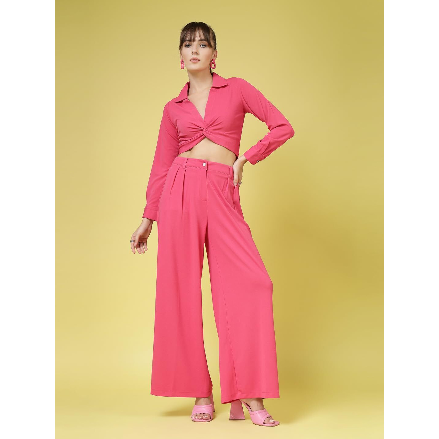 Oomph Women's Stretchable Lycra Top And Trouser Pant Set |Two Piece Co-Ord Set | Wester Wear Regular Fit | Stylish Multipurpose Top - Bottom Pair - Pink