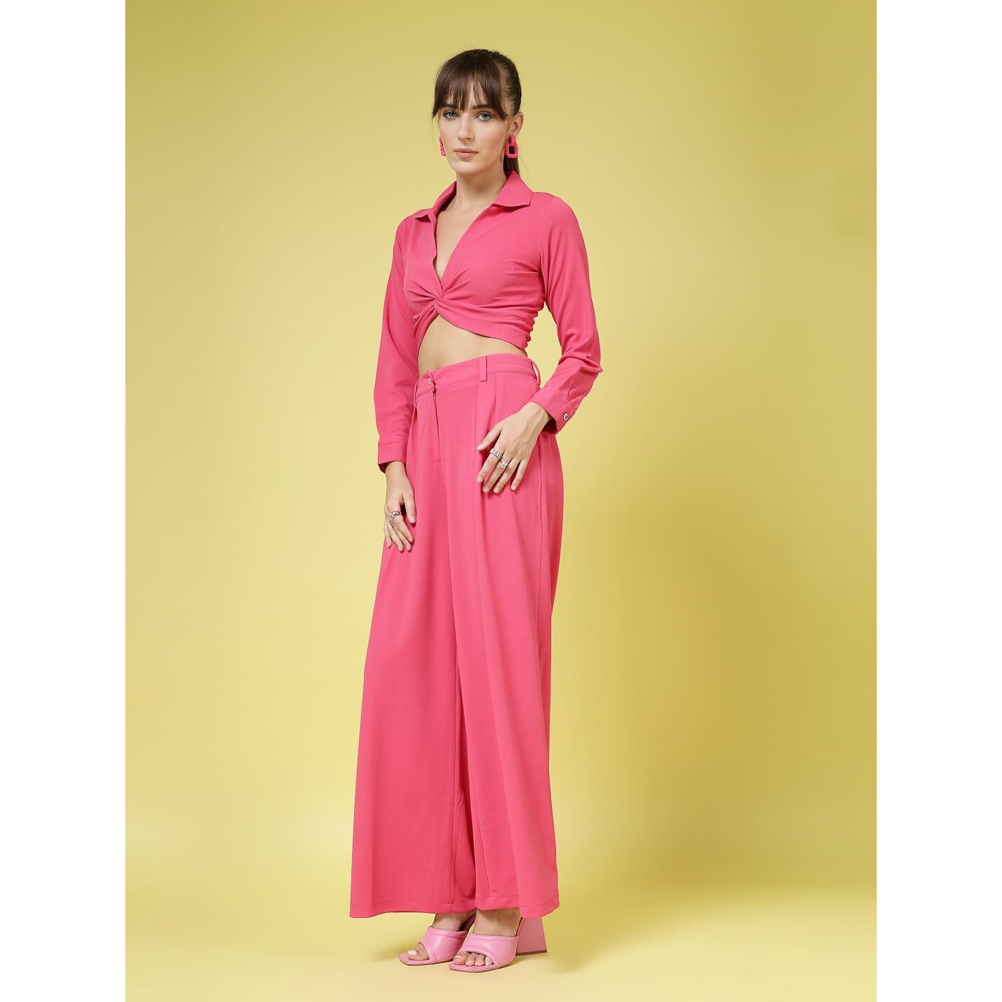 Oomph Women's Stretchable Lycra Top And Trouser Pant Set |Two Piece Co-Ord Set | Wester Wear Regular Fit | Stylish Multipurpose Top - Bottom Pair - Pink