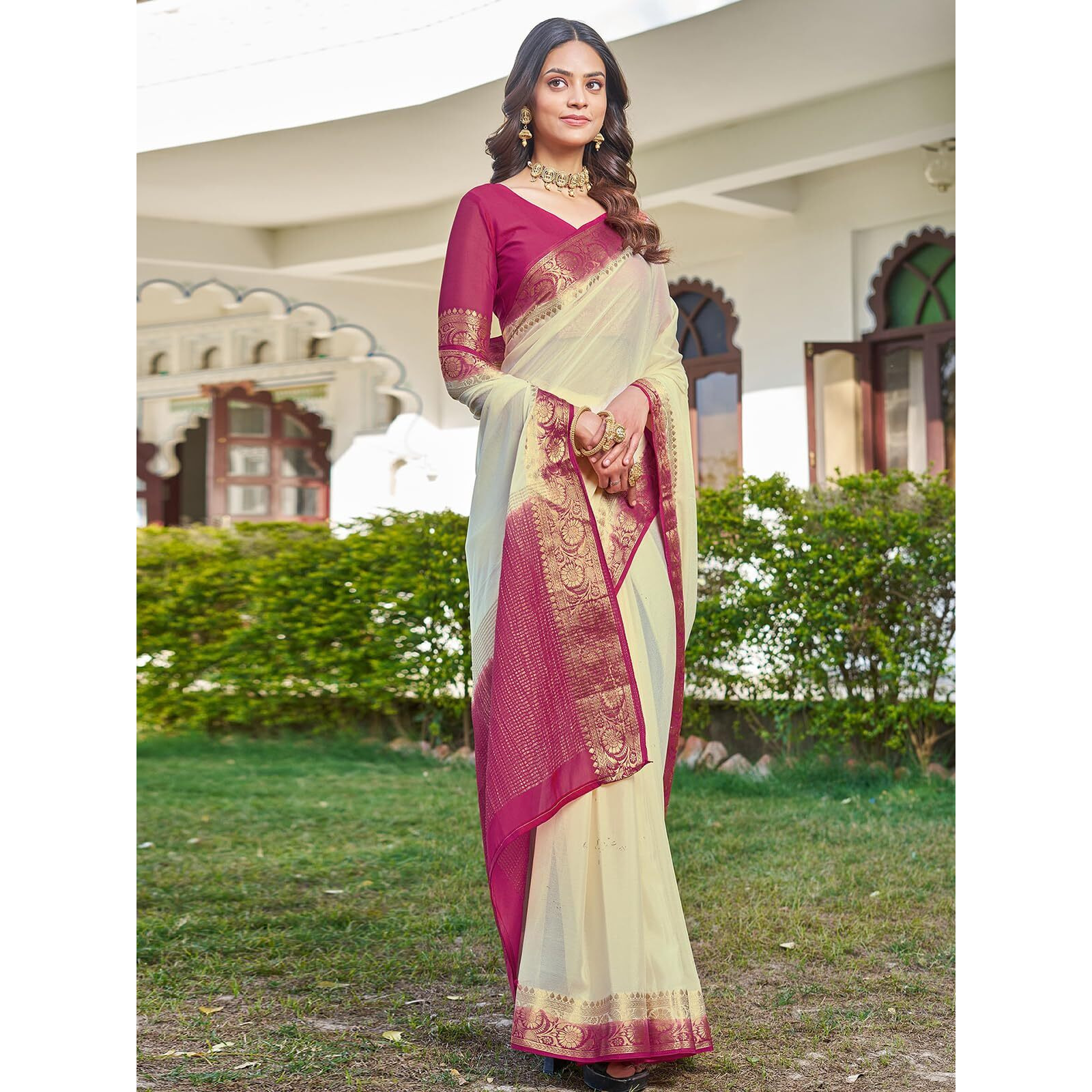 Satrani Women's Chinnon Weaving Border Saree With Unstitched Blouse Piece (4247S619N_Cream & Pink)