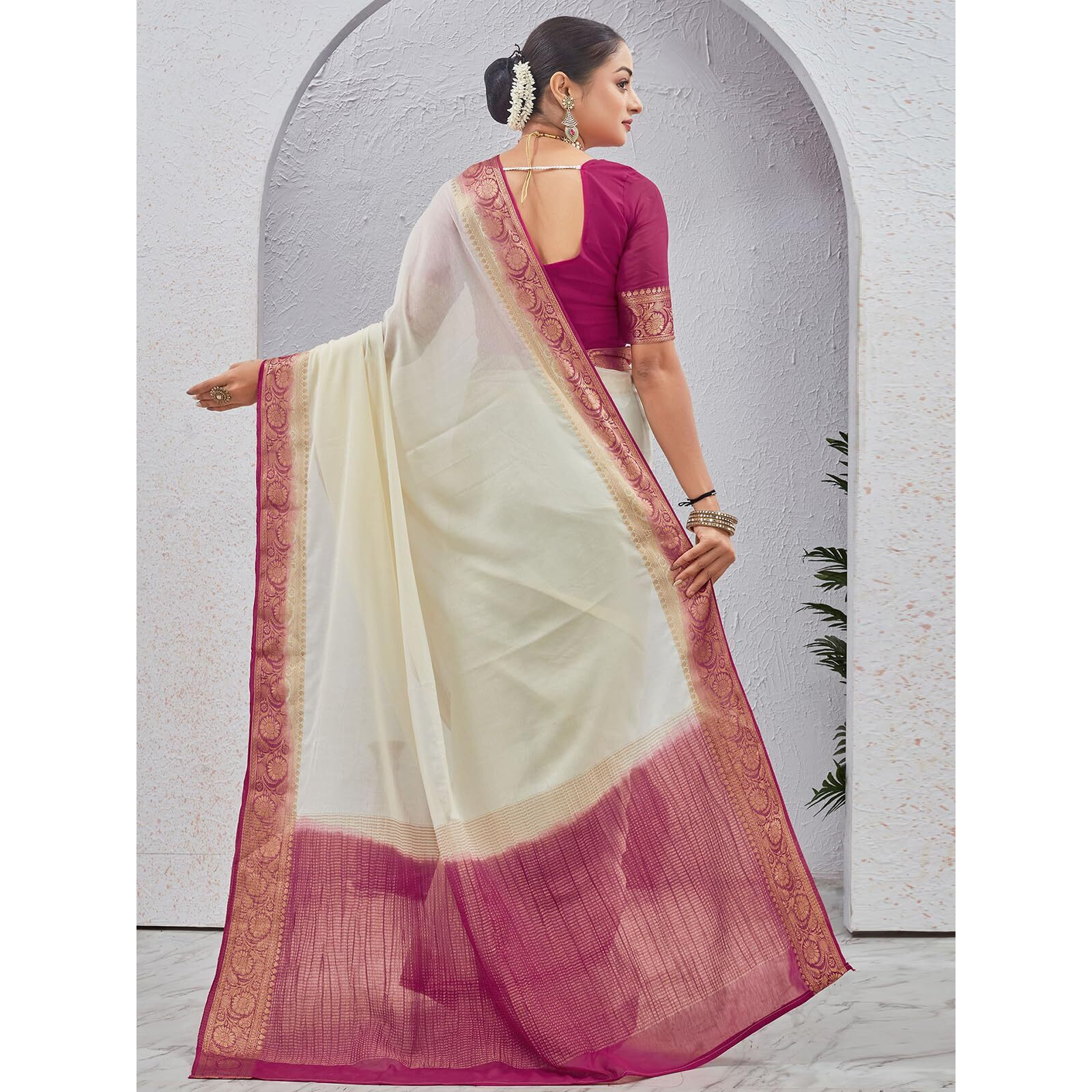 Satrani Women's Chinnon Weaving Border Saree With Unstitched Blouse Piece (4247S619N_Cream & Pink)