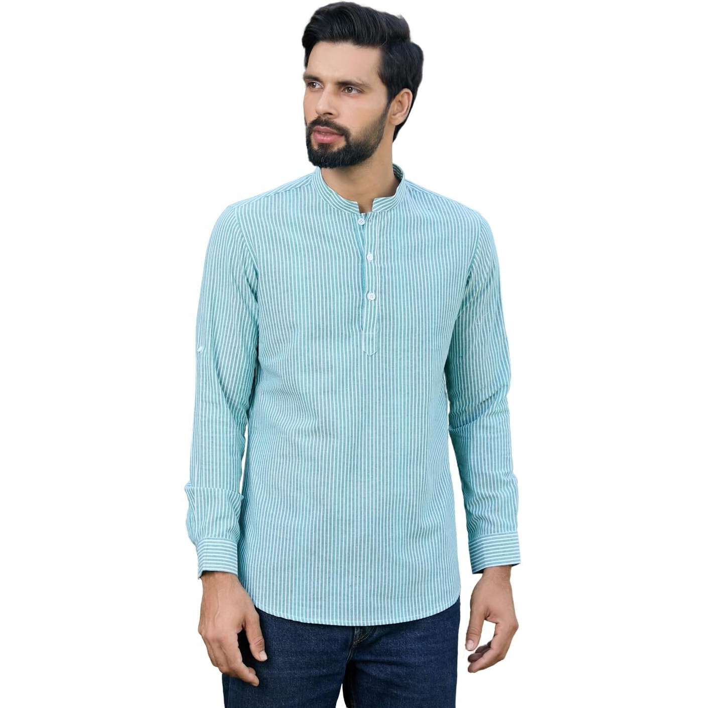 See Designs Men's Roll-Up Sleeve Mandarin Collar Green Woven Striped Cotton Short Kurta - Sdkt2961M