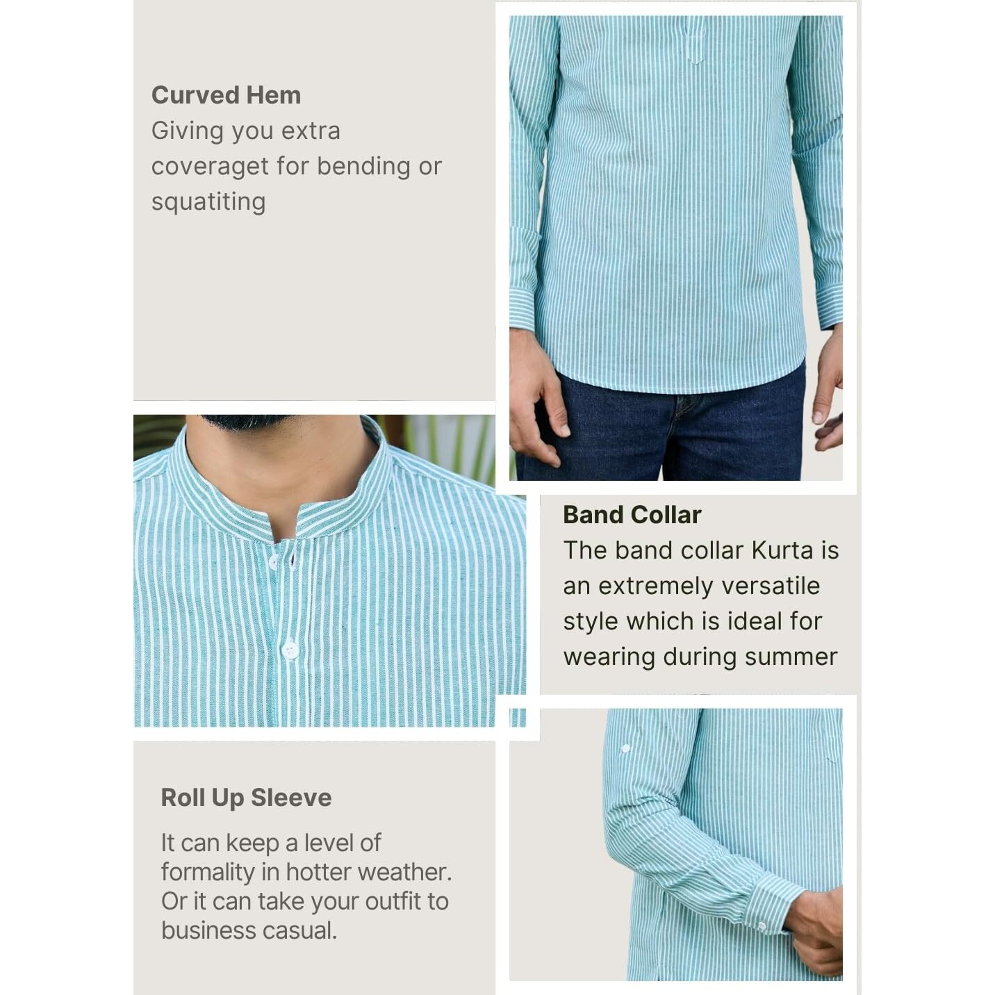 See Designs Men's Roll-Up Sleeve Mandarin Collar Green Woven Striped Cotton Short Kurta - Sdkt2961M