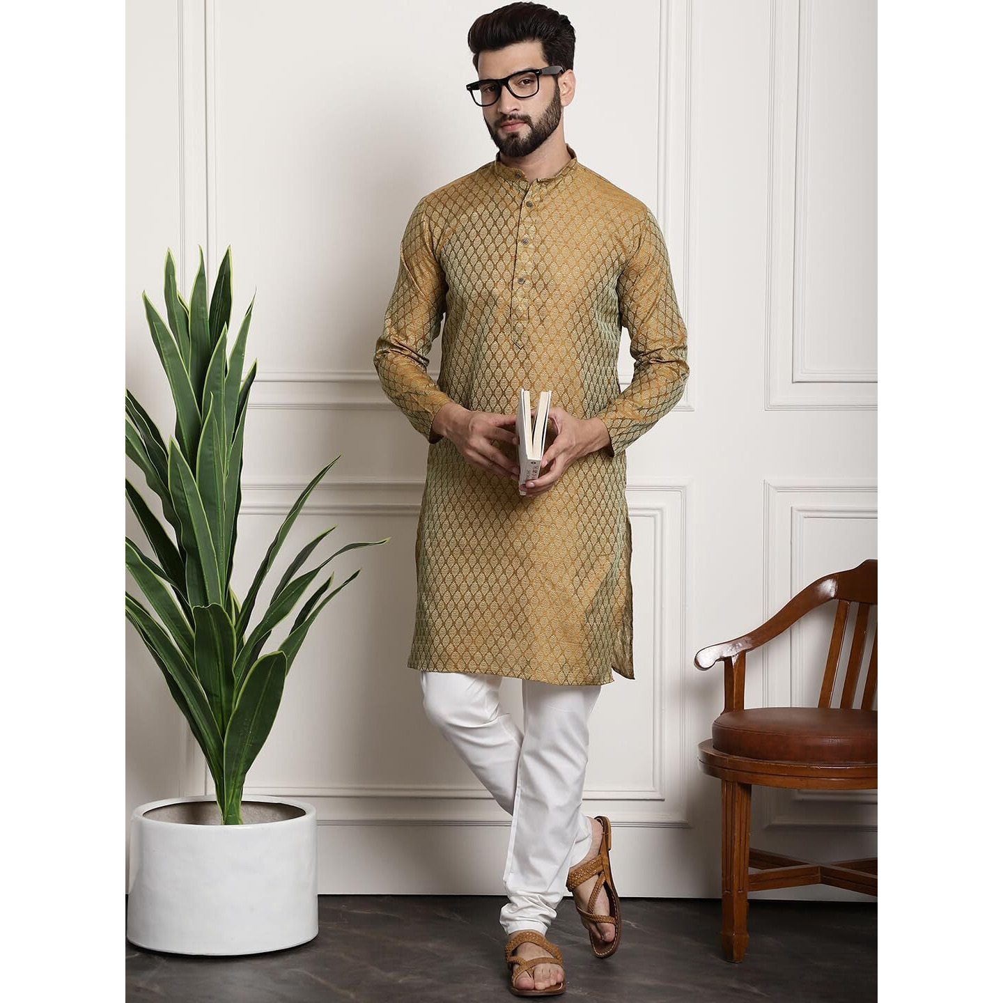 Sojanya (Since 1958 Men's Silk Blend Mustard Self Design Kurta And White Churidar Pyjama Set