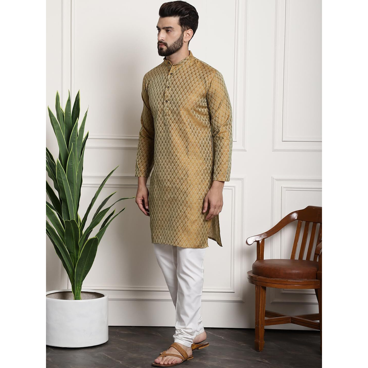 Sojanya (Since 1958 Men's Silk Blend Mustard Self Design Kurta And White Churidar Pyjama Set
