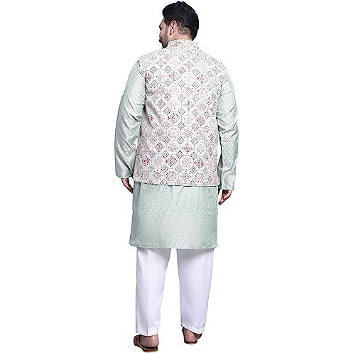 Sojanya (Since 1958 Men's Silk Blend Pink Kurta & Cream Printed Nehrujacket With White Pyjama