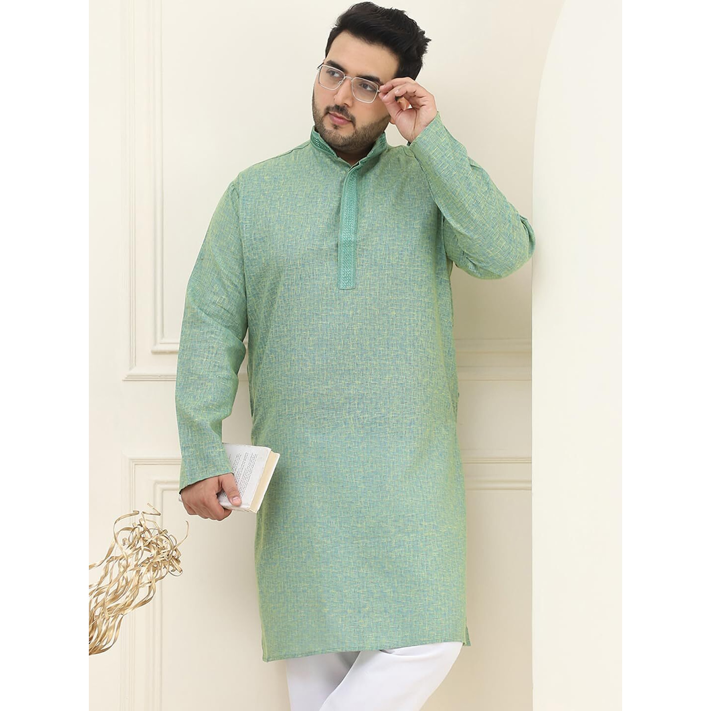 Sojanya Plus(Since 1958) Men's Cotton Dark Green Checked Kurta