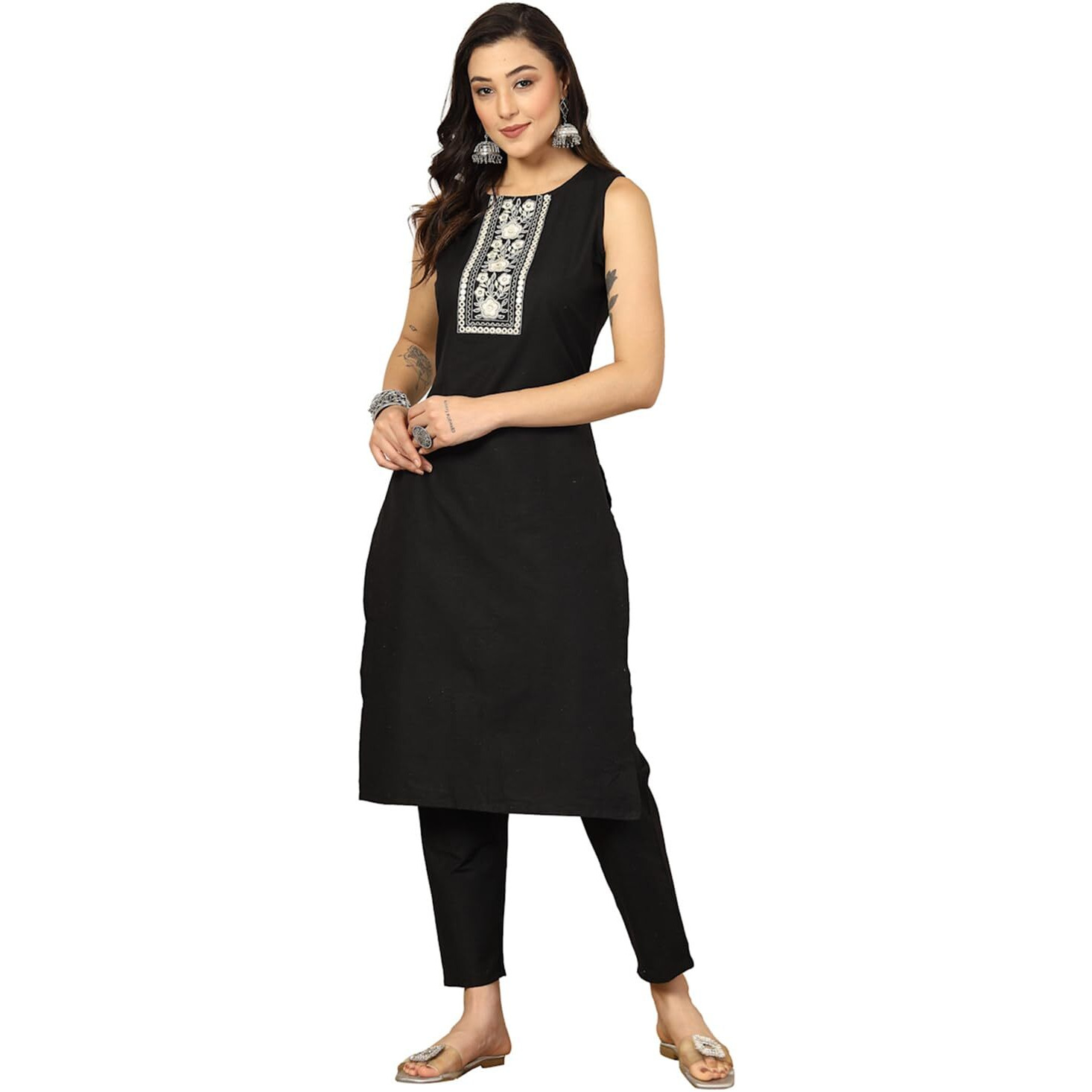 Stylum Women's Embroidered Cotton Blend Straight Kurta Pant Set (In, Alpha, Xl, Regular, Black)