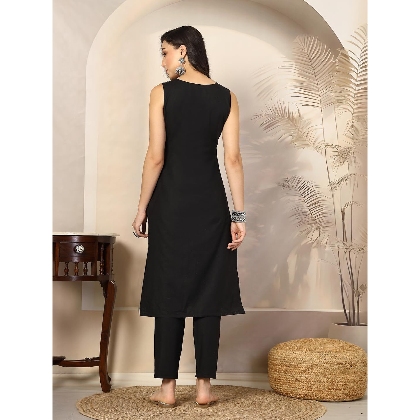 Stylum Women's Embroidered Cotton Blend Straight Kurta Pant Set (In, Alpha, Xl, Regular, Black)