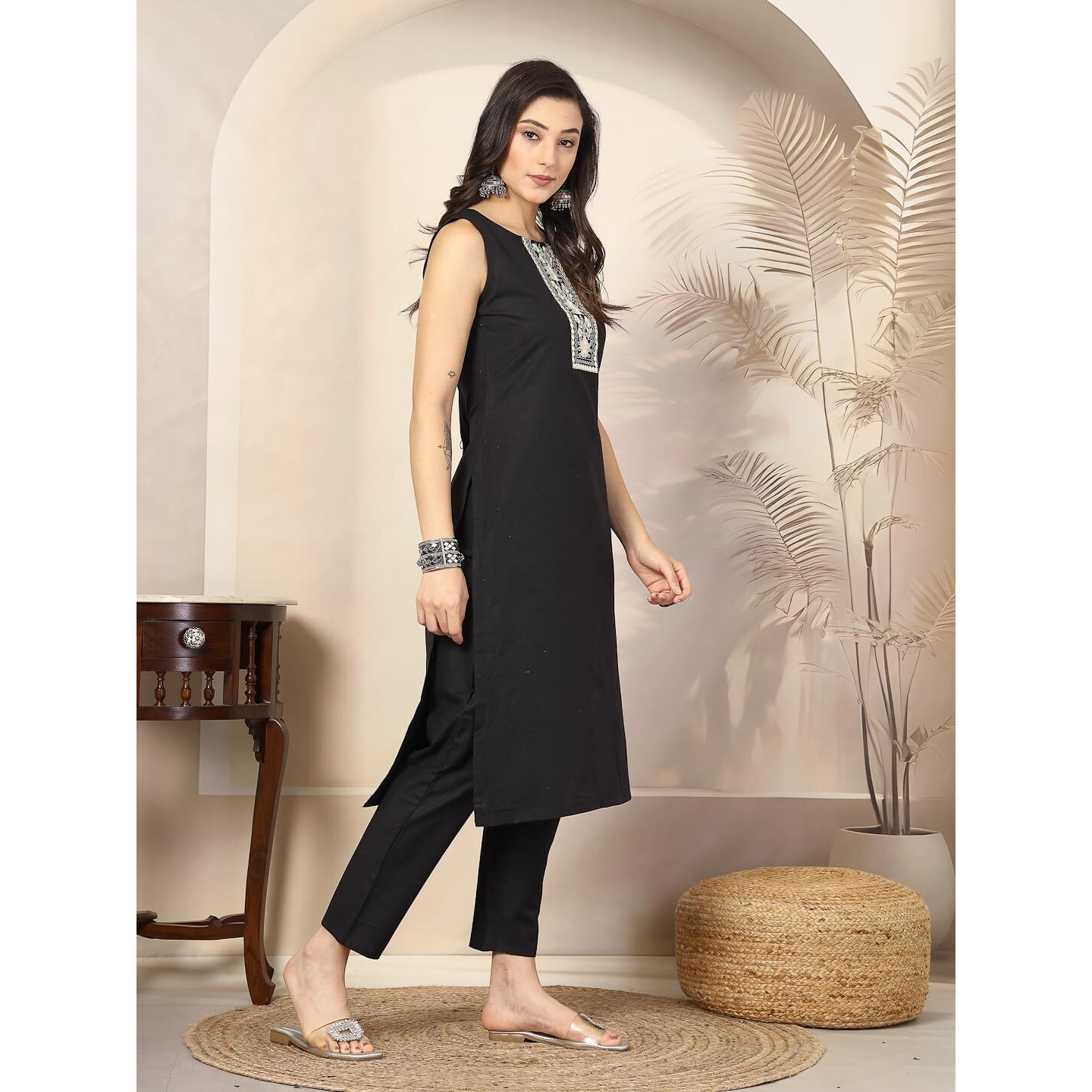 Stylum Women's Embroidered Cotton Blend Straight Kurta Pant Set (In, Alpha, Xl, Regular, Black)