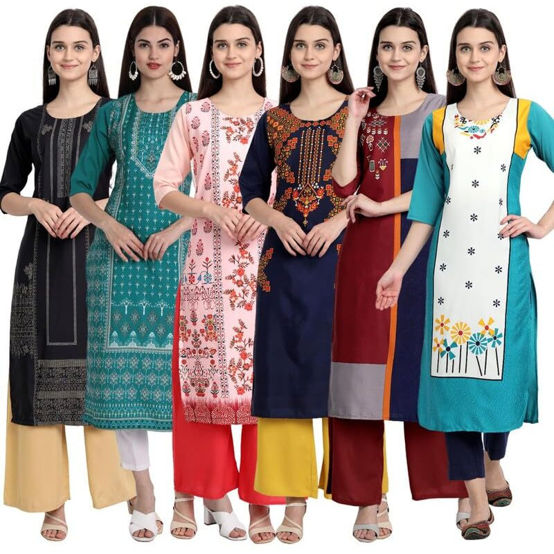 Tee Projekt Printed Crepe Kurti For Women Ll Vibrant Colour Kurti (Pack Of 6)
