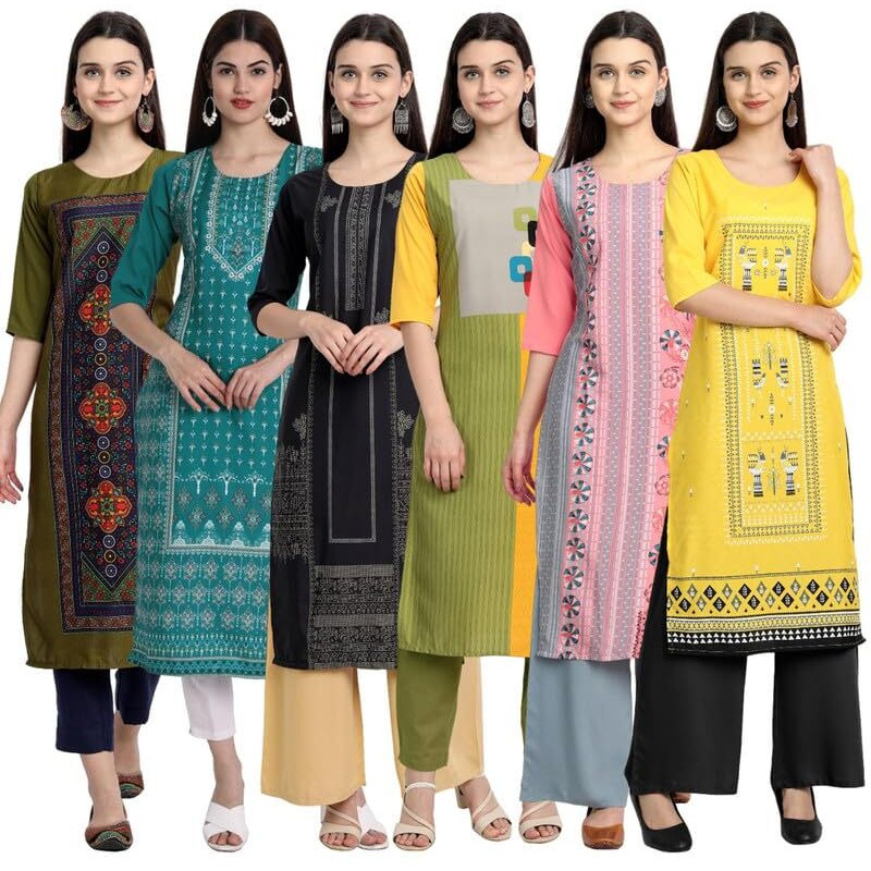 Tee Projekt Printed Crepe Kurti For Women Ll Vibrant Colour Kurti (Pack Of 6)