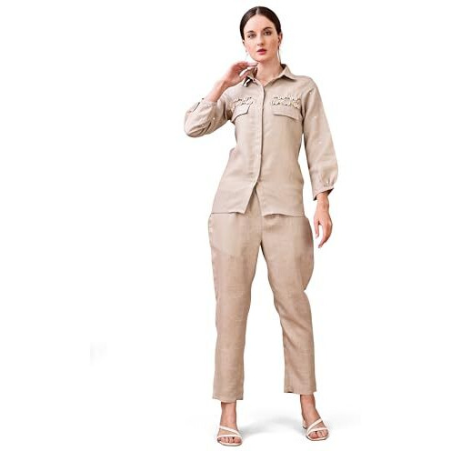 Womanista Women's Linen Solid Regular Shellwork Co-Ord Set 9117_Beige